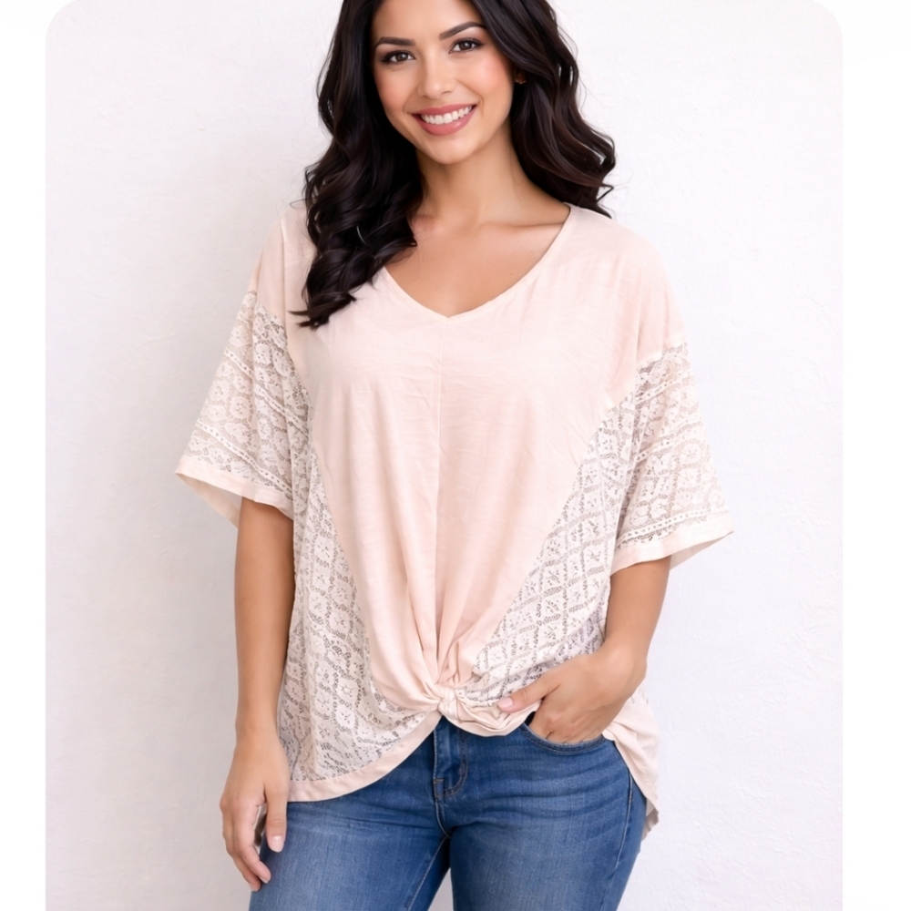 Blu Heaven Boho Blush Lace Tunic Twist Front Flowy Oversizrd Fit Top M